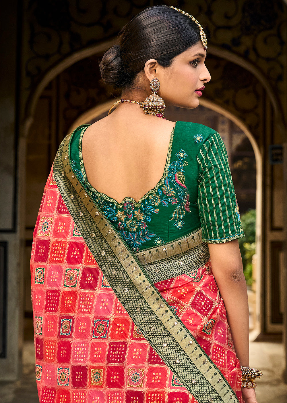 MySilkLove Mandy Red and Green Patola Printed Dola Silk Saree With Embroidered Blouse