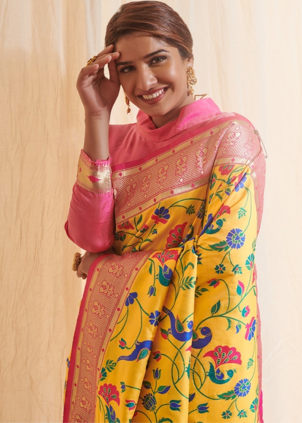 Buy MySilkLove Tulip Yellow and Pink Zari Woven Paithani Saree Online