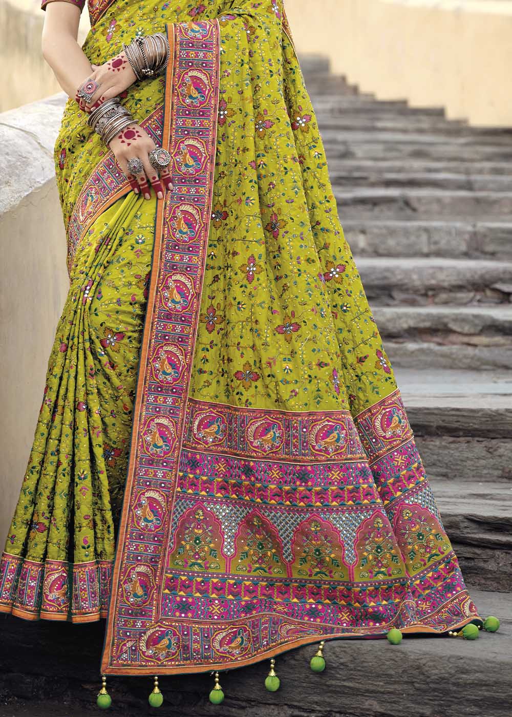 Buy MySilkLove Turmeric Green and Pink Banarasi Saree with Kachhi,Mirror and Diamond Work Online