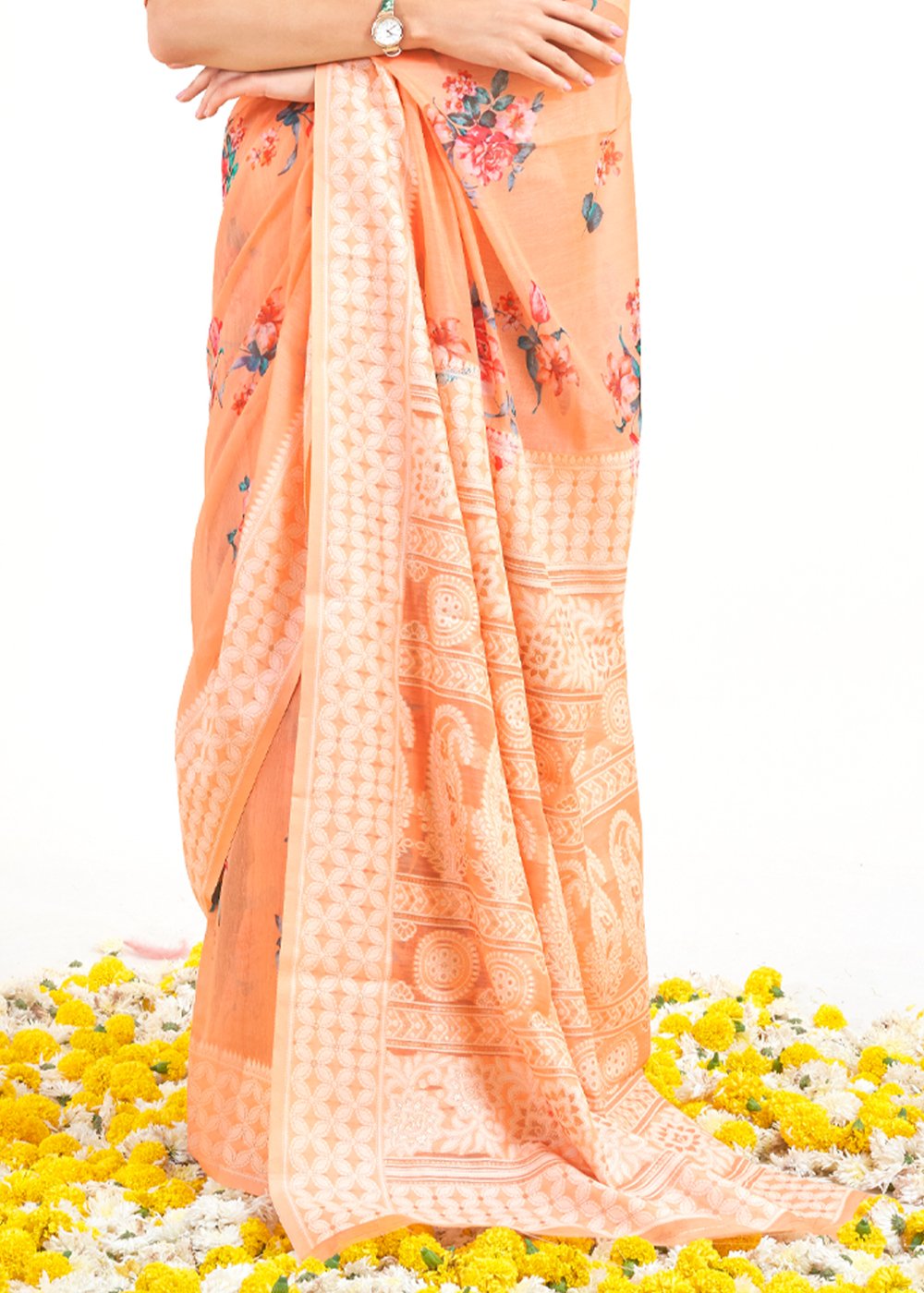 Buy MySilkLove Flesh Light Orange Zari Woven Digital Printed Linen Saree Online