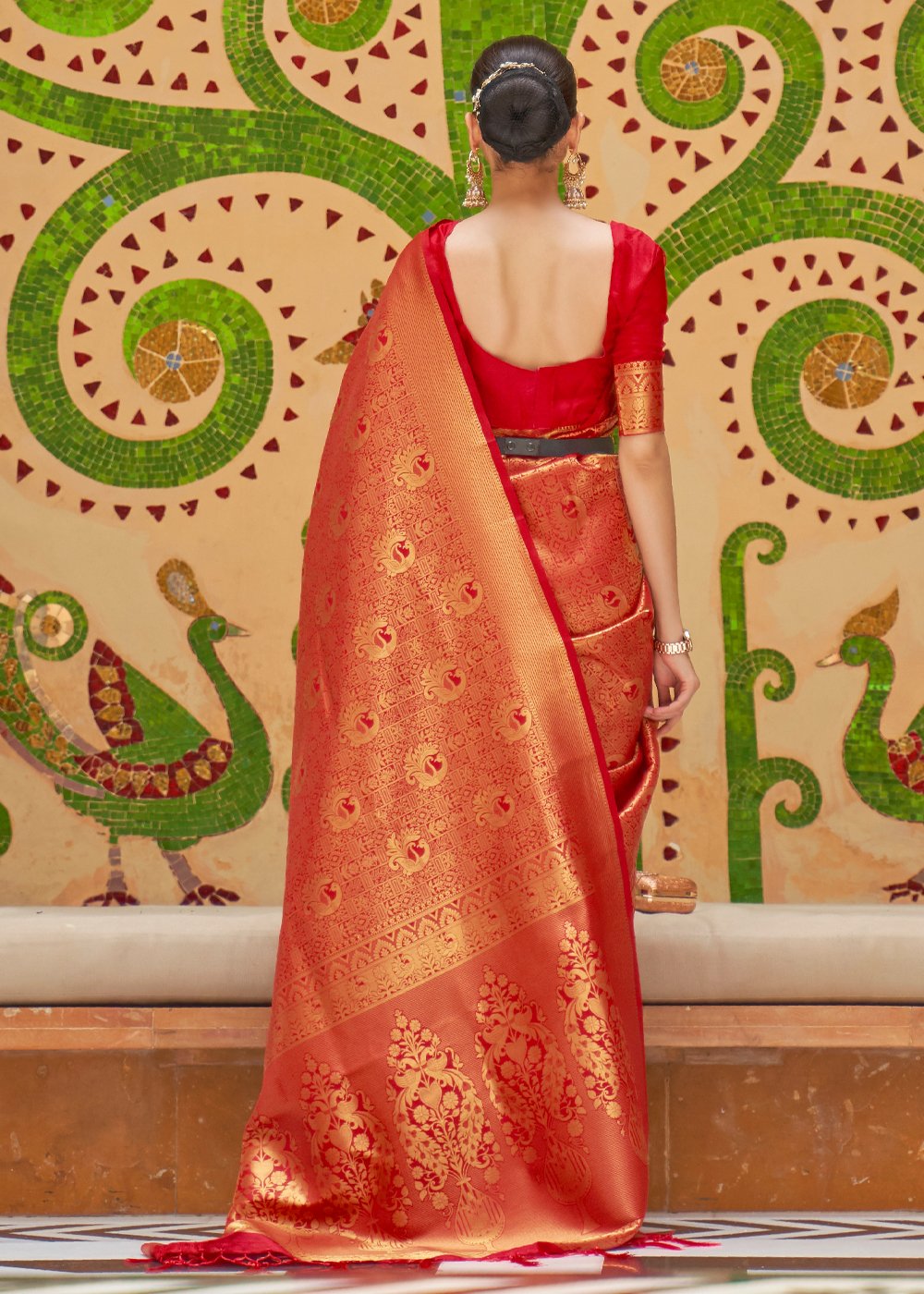 Buy MySilkLove Salmon Red Zari Woven Kanjivaram Saree Online