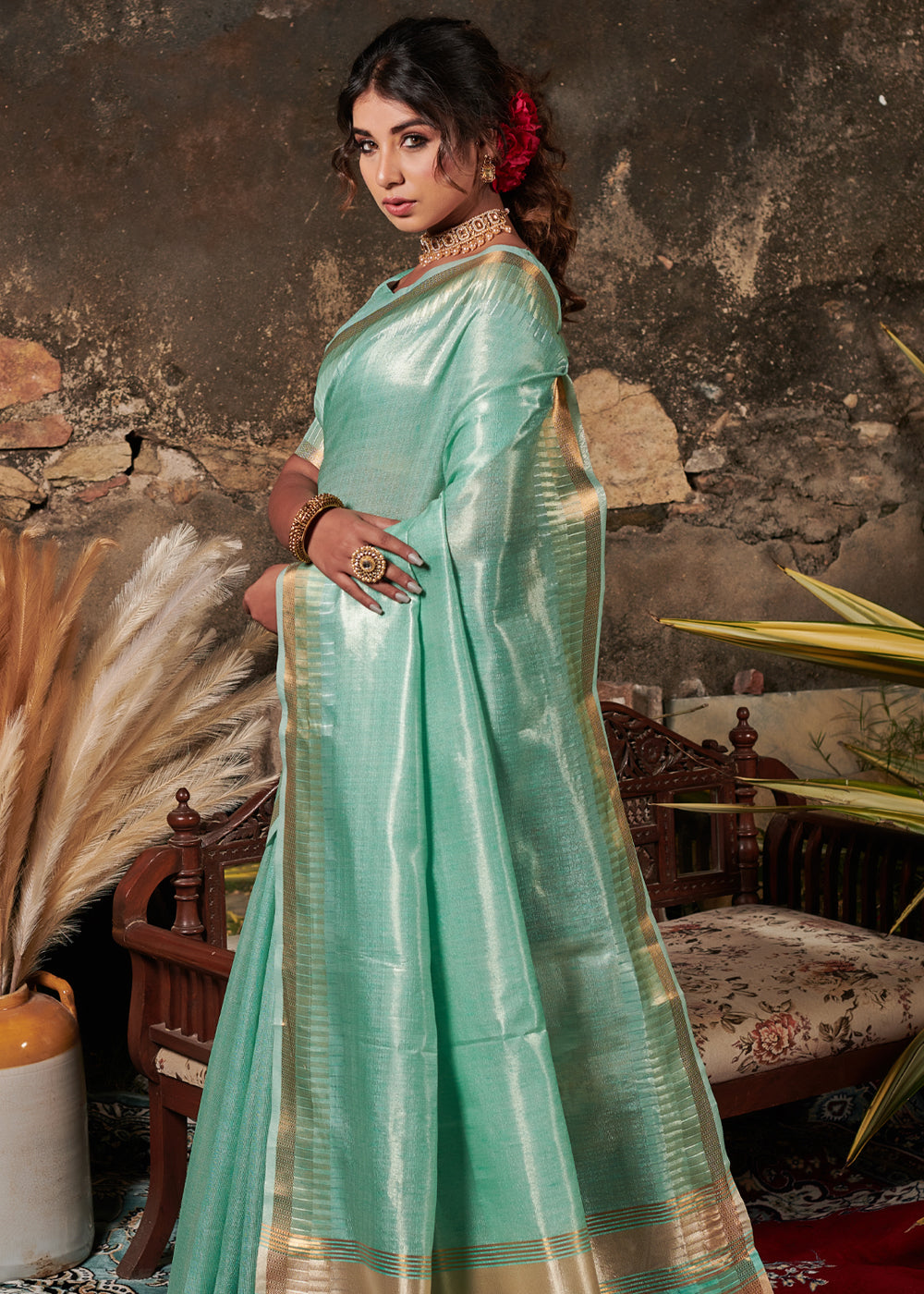 Buy MySilkLove Acapulco Green Woven Tussar Silk Saree Online