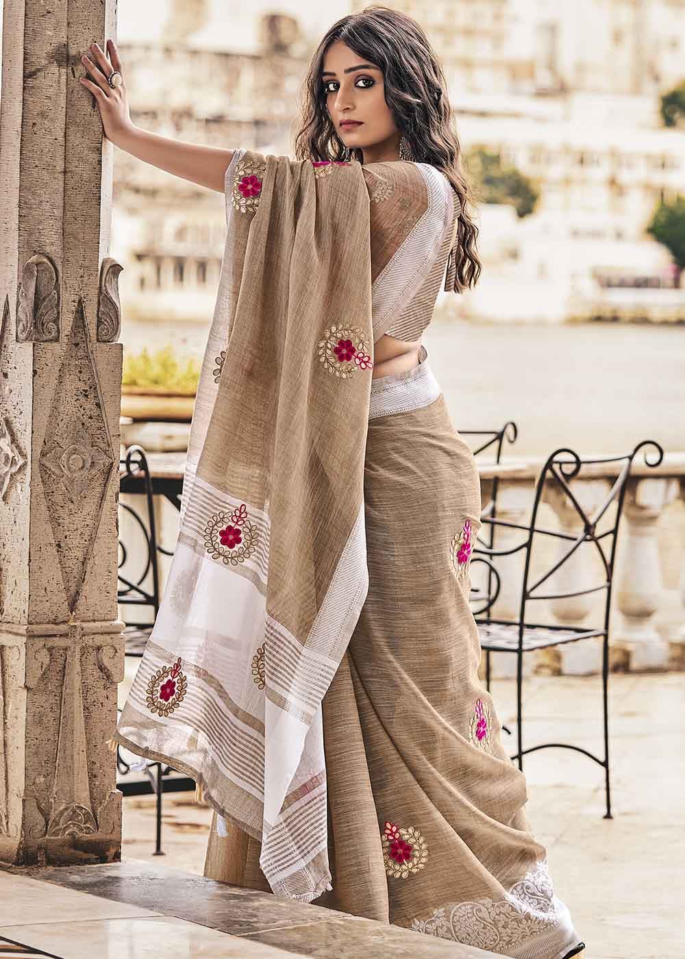 Buy MySilkLove Khaki Light Brown Zari Woven Soft Linen Silk Saree Online