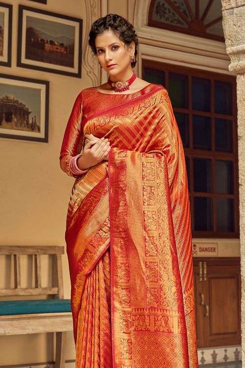 Buy MySilkLove Valencia Red and Orange Zari Woven Tanchui Kanjivaram Fusion Silk Saree Online