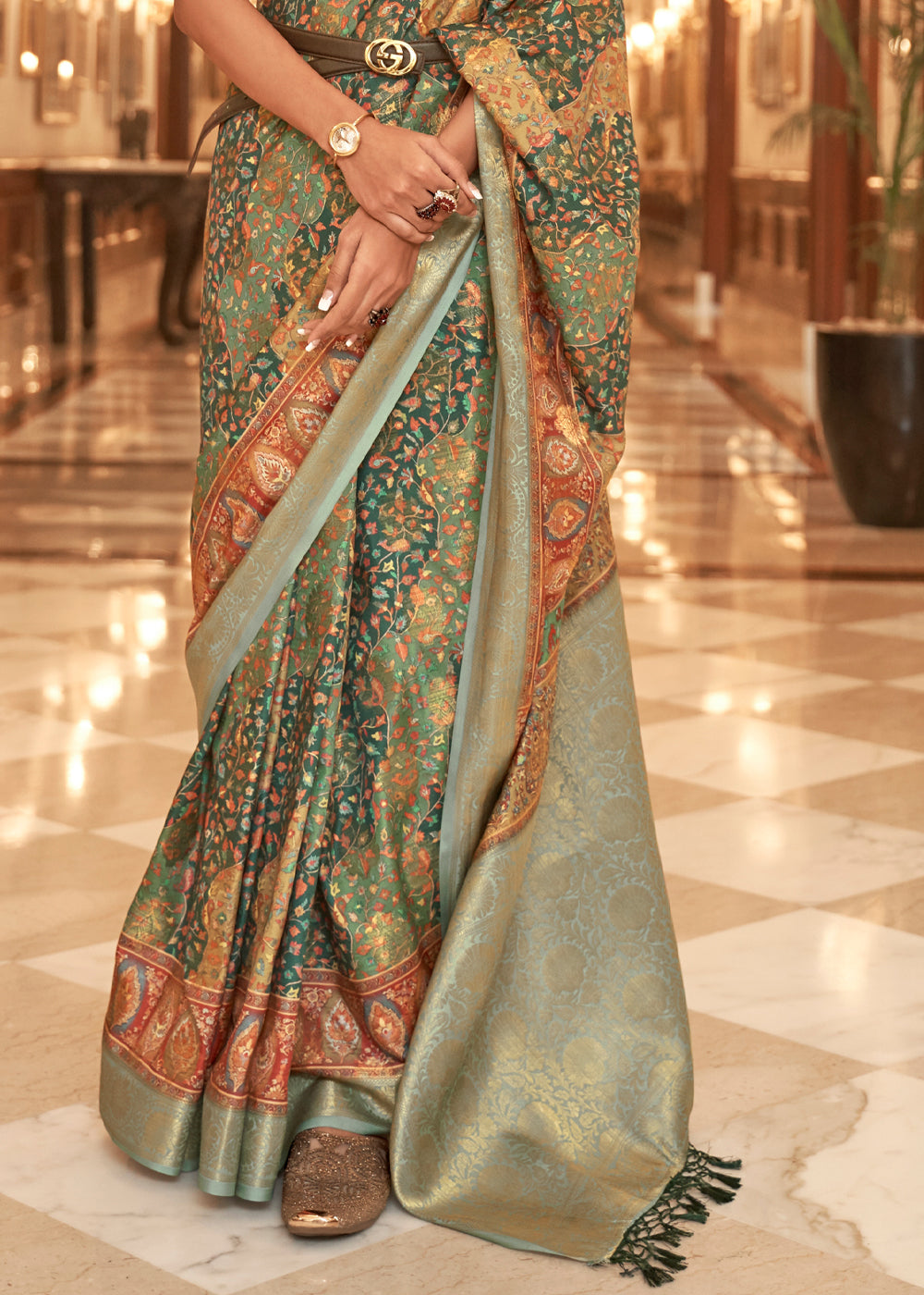 Buy MySilkLove Tallow Green Banarasi Digital Kanni Printed Silk Saree Online