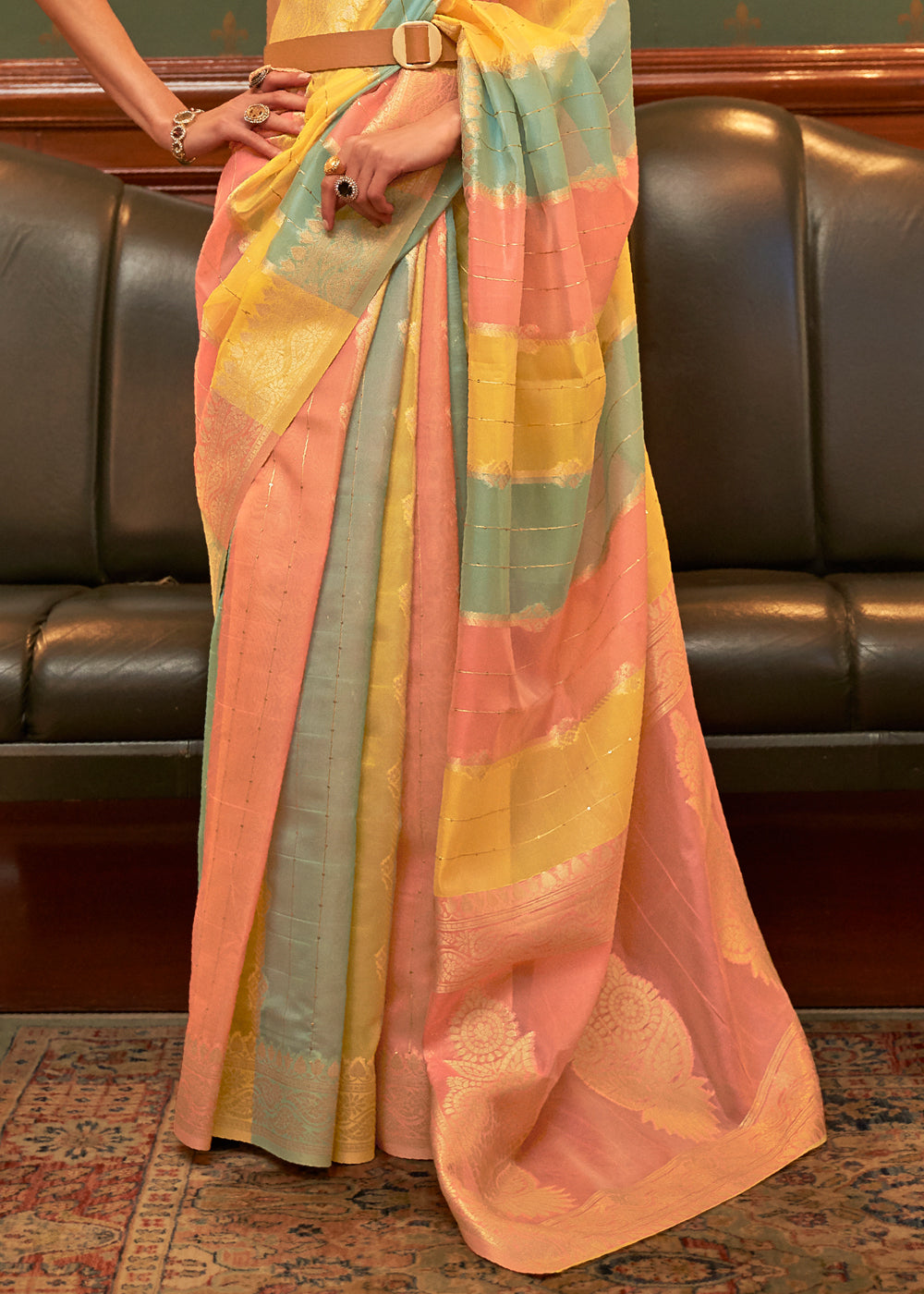 Buy MySilkLove Saffron Mango Yellow and Peach Zari Woven Banarasi Organza Saree Online