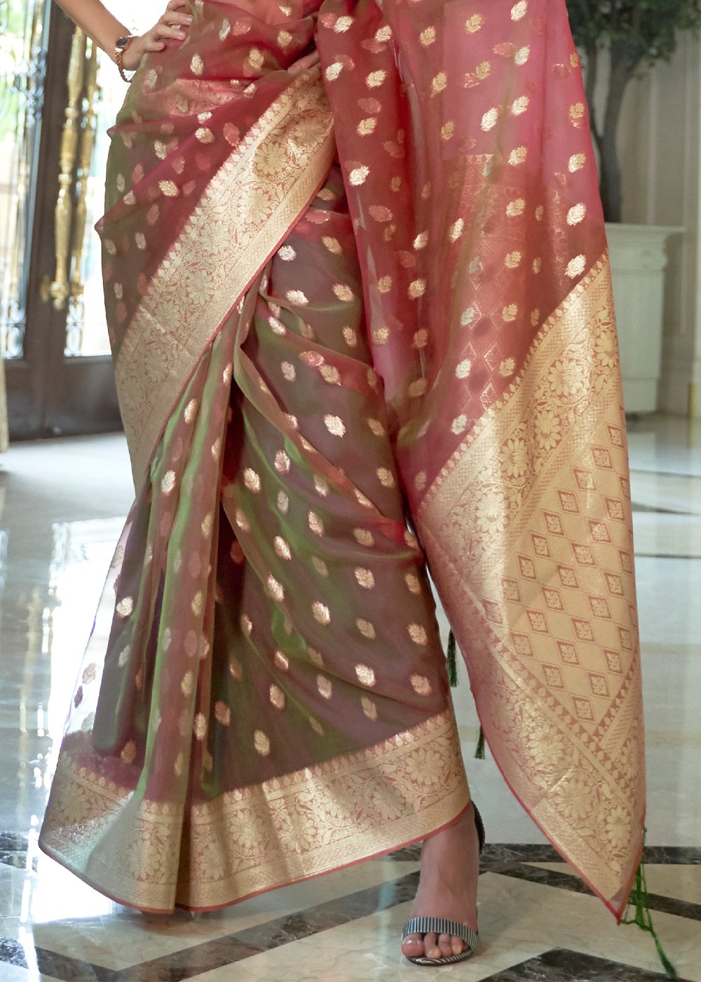 Buy MySilkLove Ferra Red and Green Organza Silk Saree Online