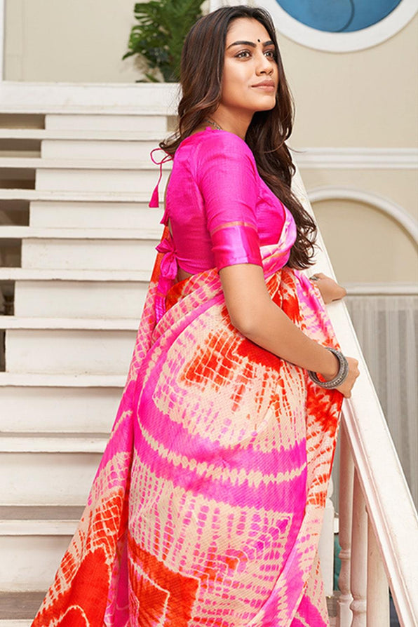 Buy MySilkLove Princess Perfume Pink Cotton Saree with Leheriya Print Online