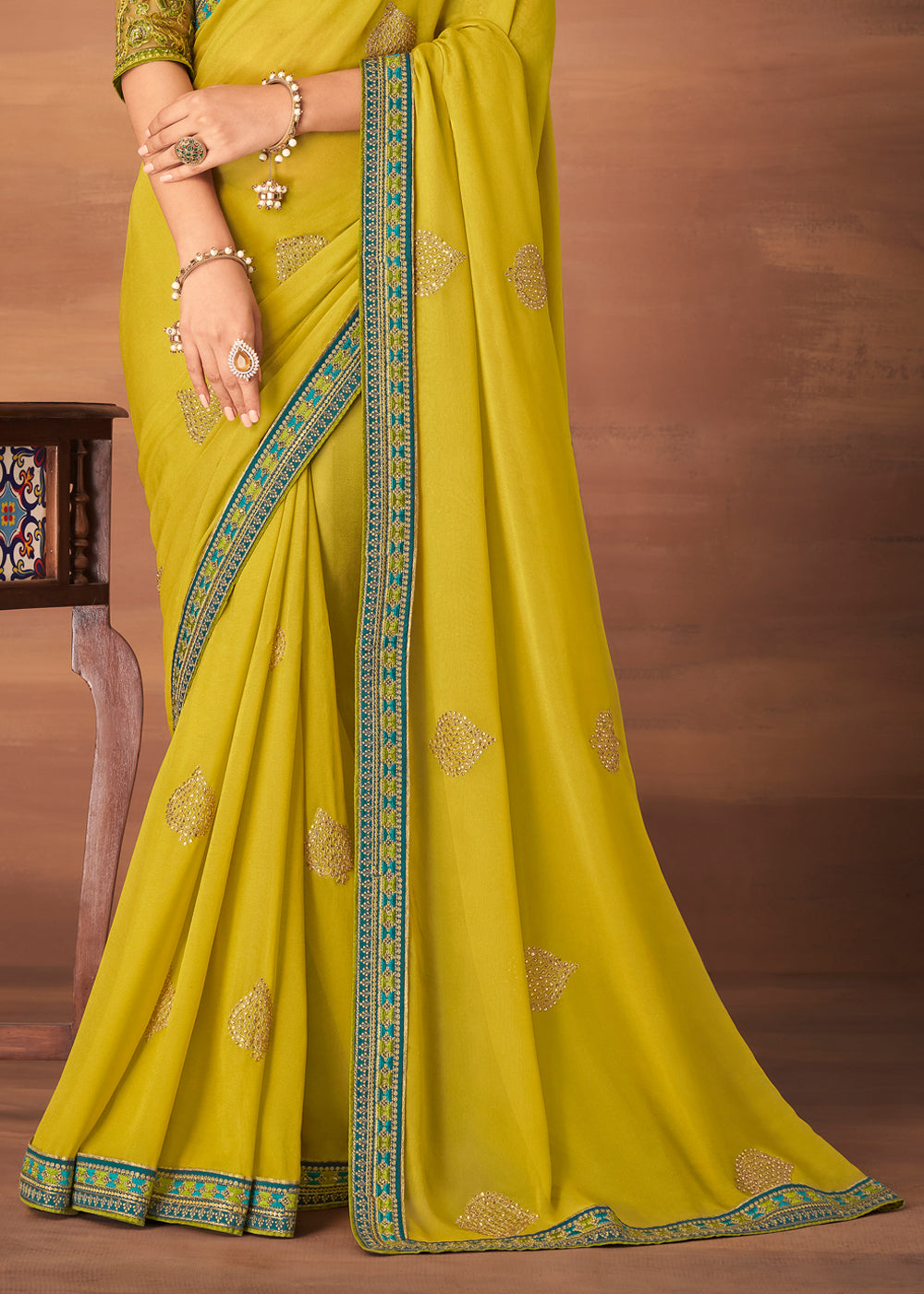 Buy MySilkLove Grass Yellow Designer Saree with Embroidered Blouse Online