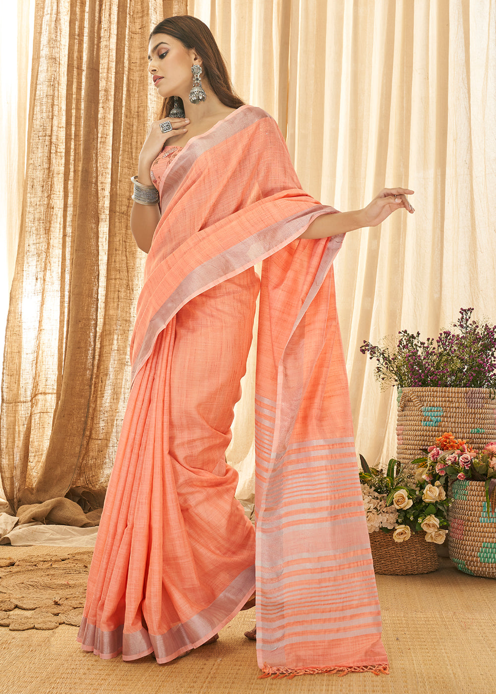 Buy MySilkLove Hit Pink Zari Woven Linen Saree Online