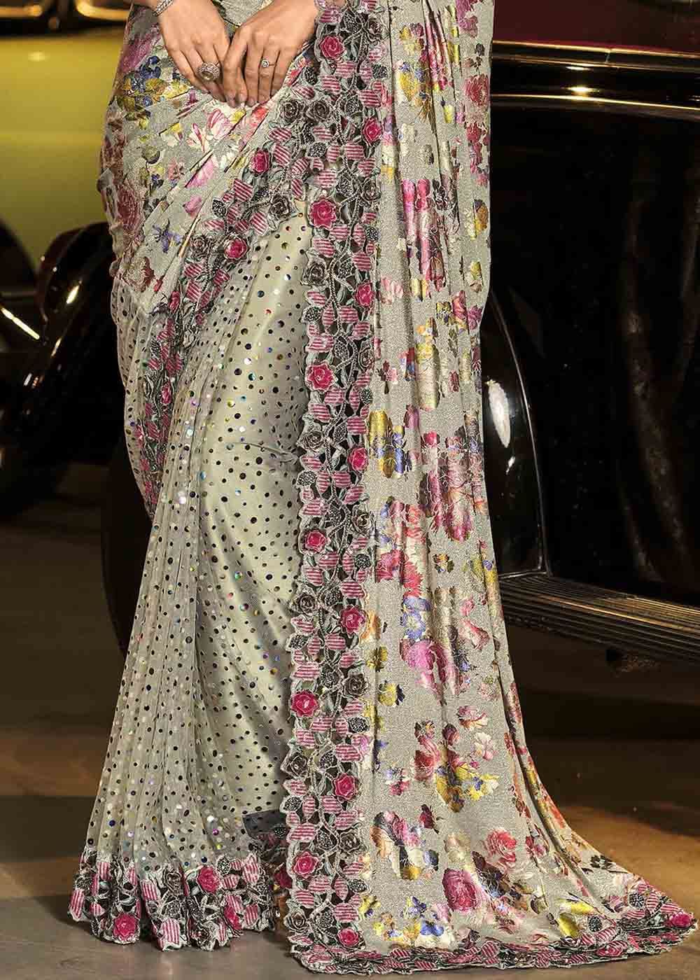 Buy MySilkLove Thistle Silver and Pink Heavy Work Designer Net Saree Online