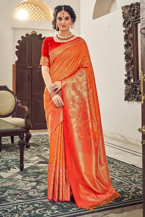 Buy MySilkLove Pea Orange Zari Woven Banarasi Saree Online