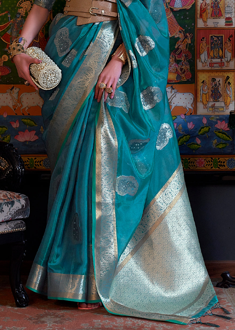 Buy MySilkLove Metallic Seaweed Blue Woven Banarasi Organza Silk Saree Online