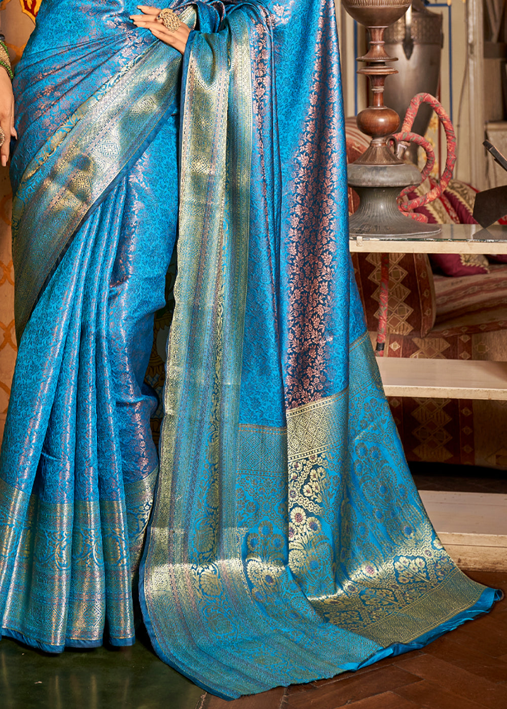 Buy MySilkLove Turquoise Blue Bronze Zari Woven Kanjivaram Saree Online