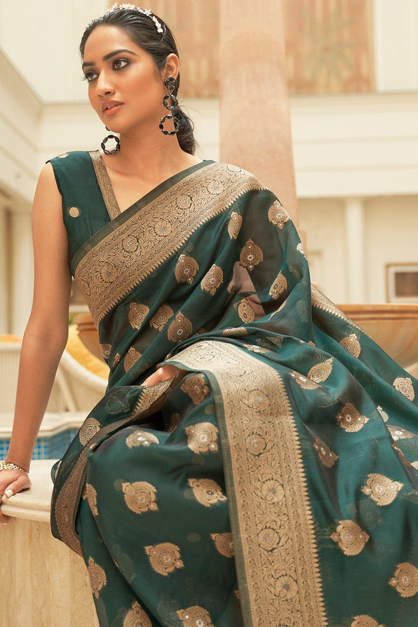 Buy MySilkLove Mineral Green Zari Woven Organza Silk Saree Online