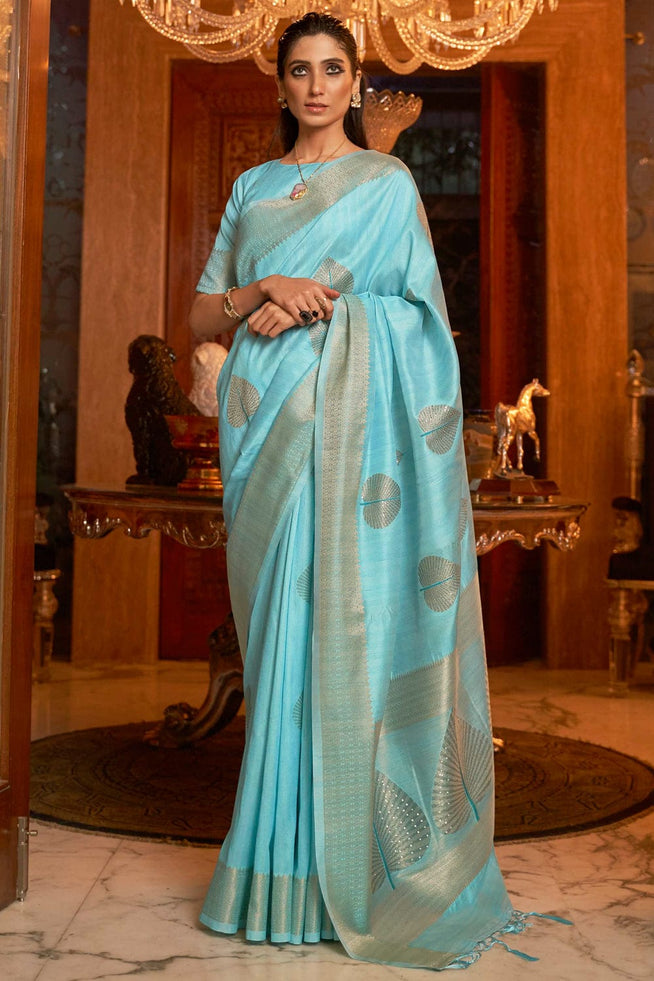 Buy MySilkLove Blizzard Blue Zari Woven Banarasi Saree Online