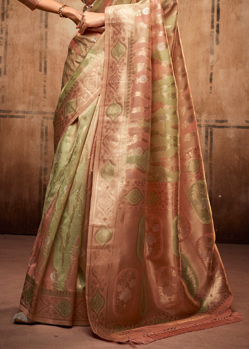 Buy MySilkLove Barley Green and Peach Zari Woven Banarasi Organza Saree Online