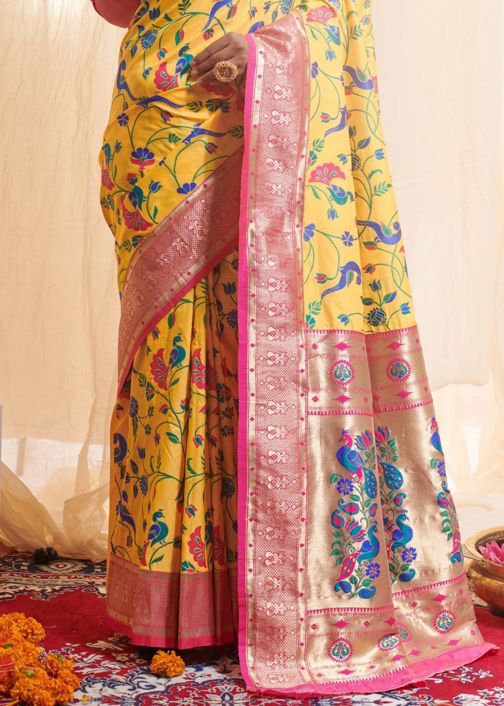 Buy MySilkLove Tulip Yellow and Pink Zari Woven Paithani Saree Online