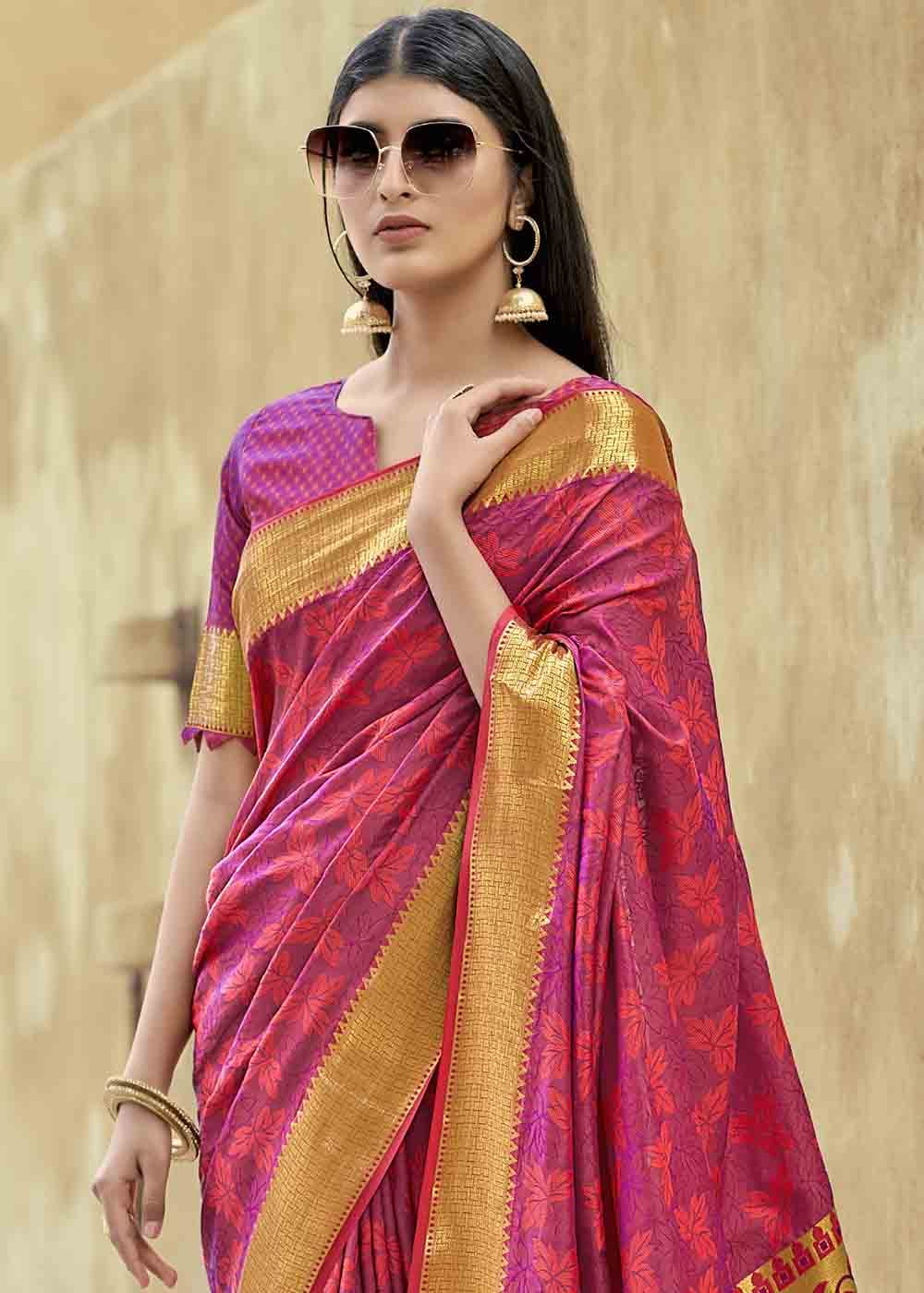 Buy MySilkLove Stiletto Pink Zari Woven Banarasi Silk Saree Online