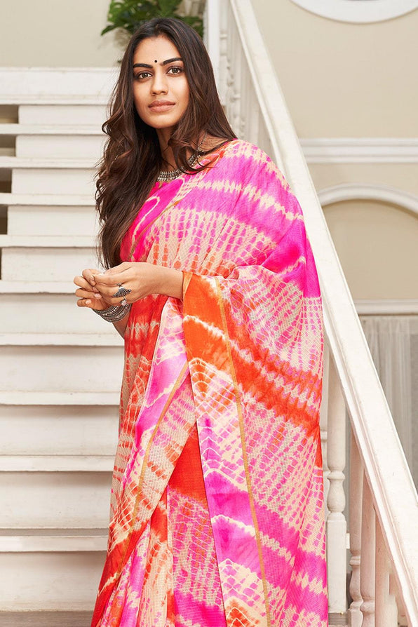 Buy MySilkLove Princess Perfume Pink Cotton Saree with Leheriya Print Online