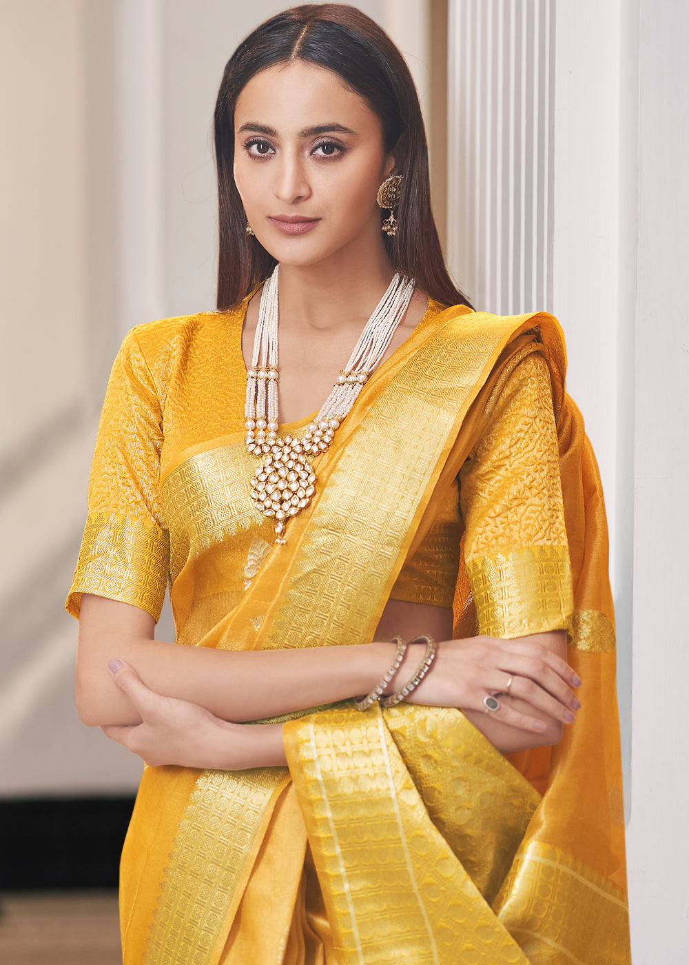 Buy MySilkLove Saffron Yellow Zari Woven Tissue Banarasi Silk Saree Online