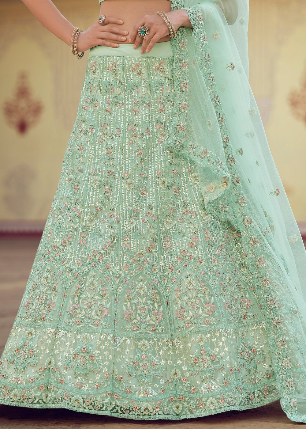 Buy MySilkLove Norway Green Soft Net Designer Lehenga Choli Online