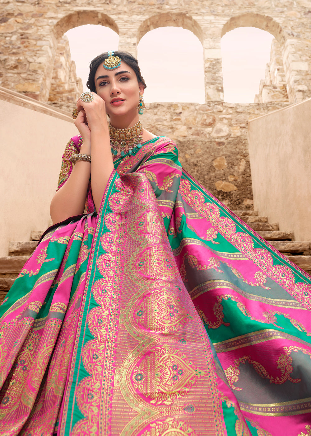 MySilkLove Mandy Pink and Green Woven Designer Banarasi Silk Saree