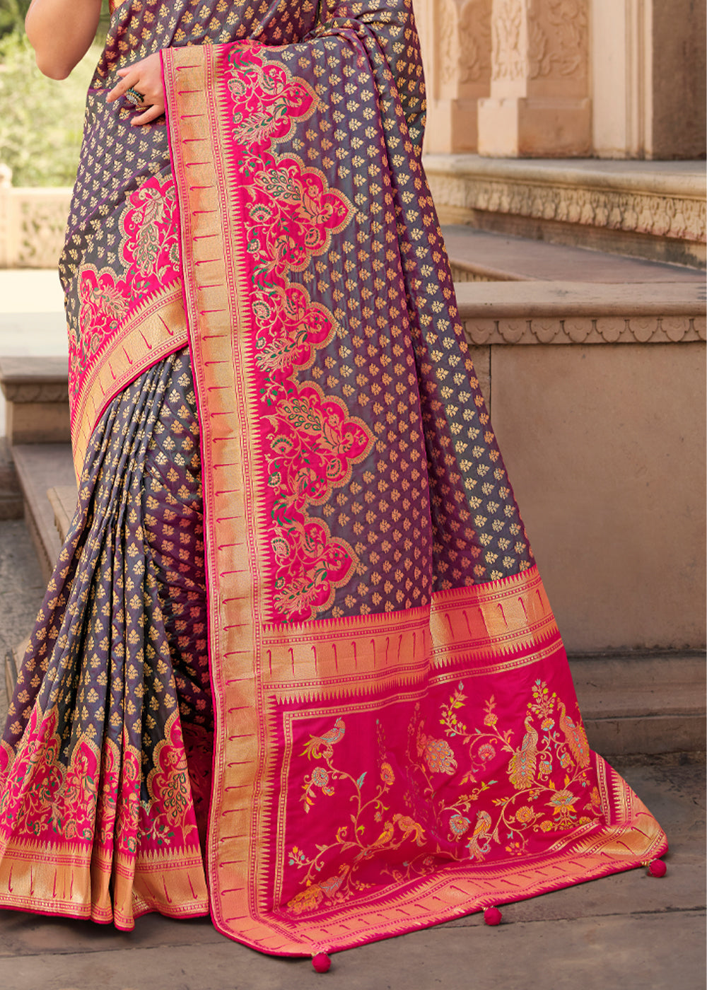 Buy MySilkLove Spicy Purple and Pink Zari Woven Banarasi Saree with Designer Blouse Online