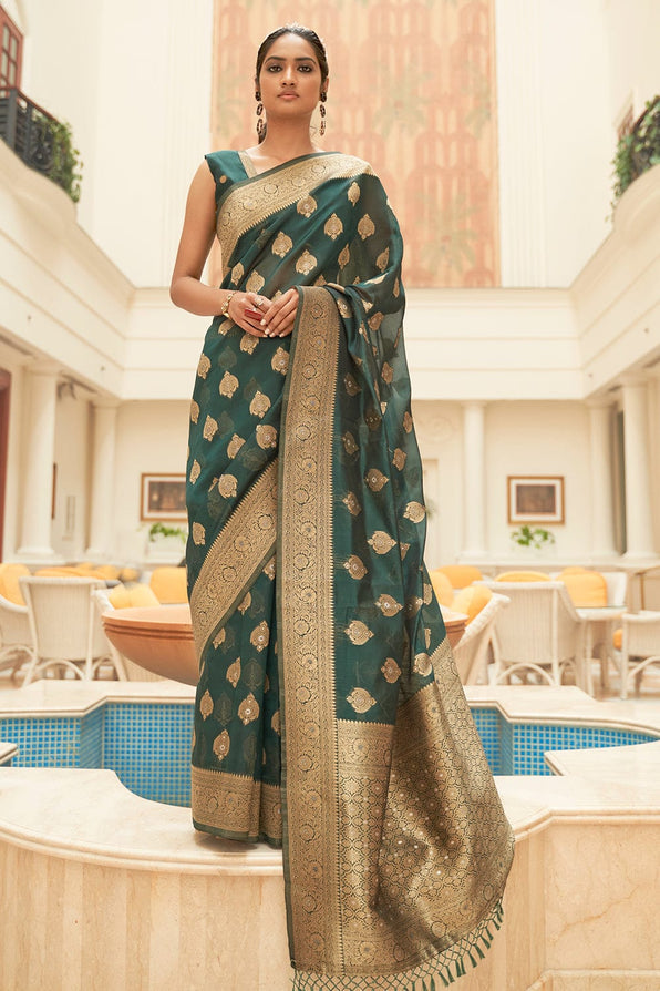 Buy MySilkLove Mineral Green Zari Woven Organza Silk Saree Online