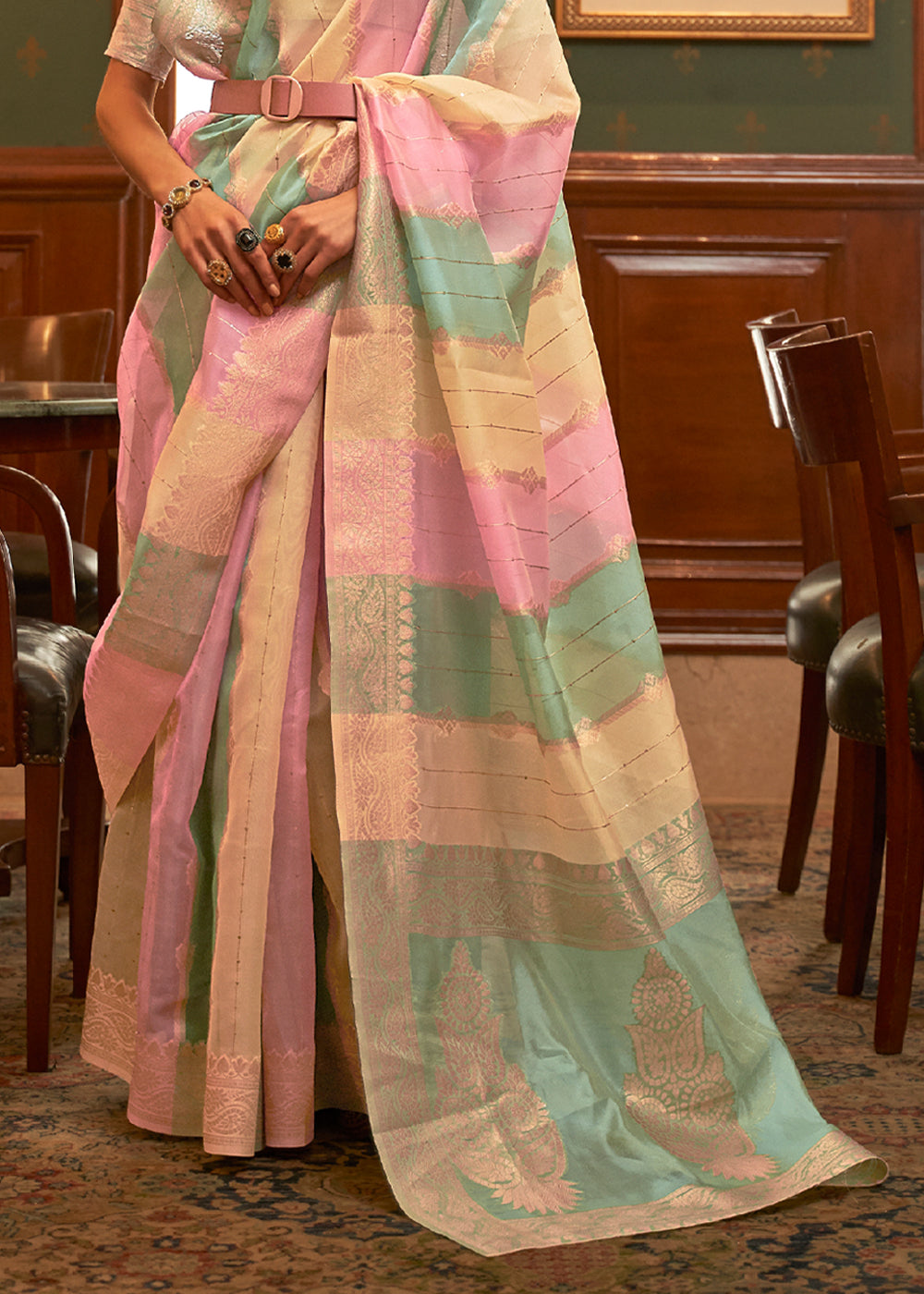 Buy MySilkLove Sea Pink Blue and Yellow Zari Woven Banarasi Organza Saree Online