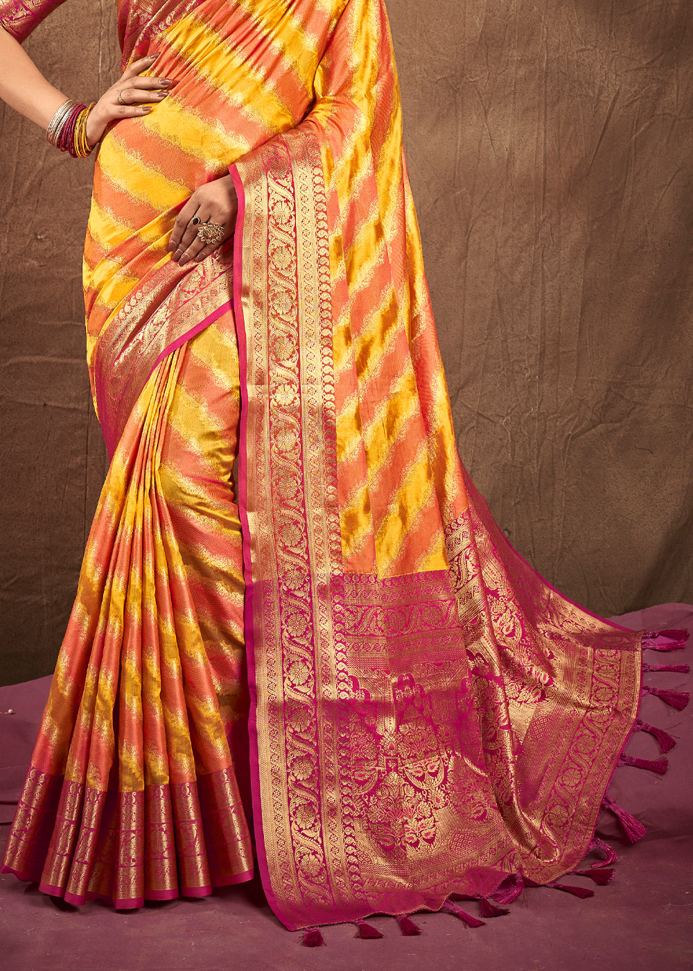 Buy MySilkLove Tainoi Yellow and Orange Woven Rangkath Banarasi Silk Saree Online