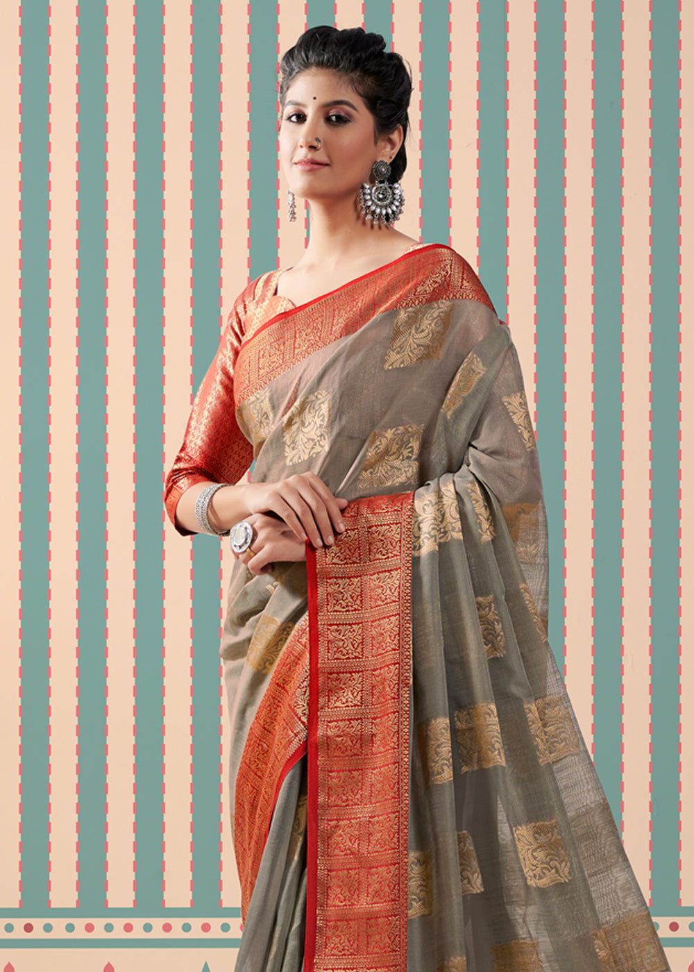 Buy MySilkLove Stonewall Grey Zari Woven Banarasi Brocade Linen Saree Online