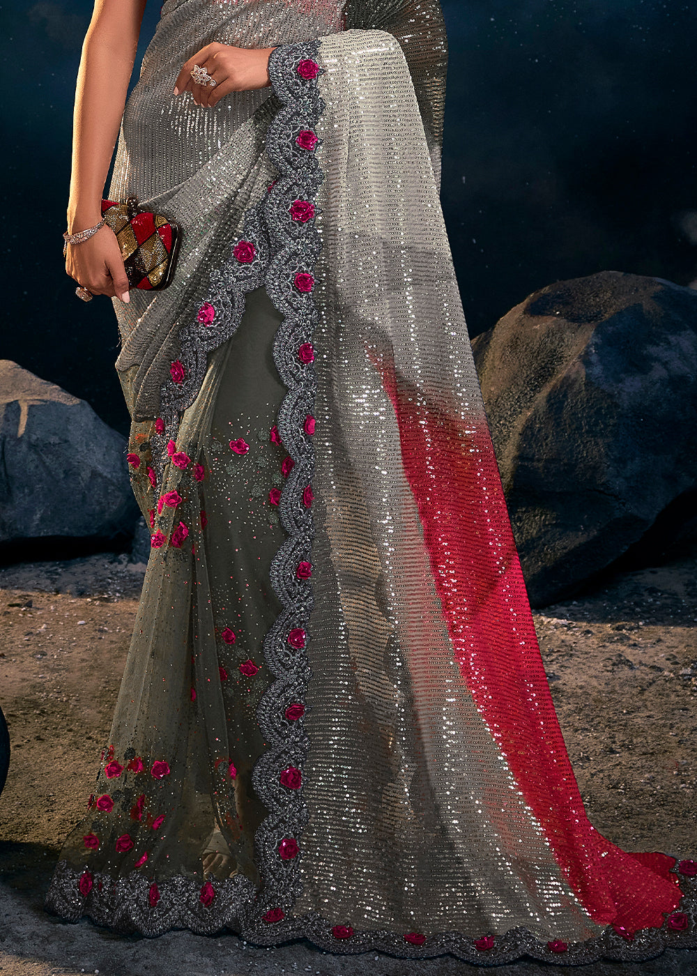 Buy MySilkLove Makara Grey and Pink Designer Silk Saree Online