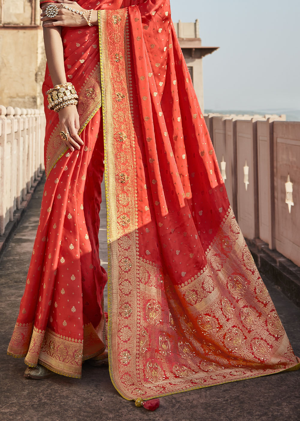 Buy MySilkLove Punch Red and Yellow Zari Woven Banarasi Silk Saree with Embroidered Blouse Online