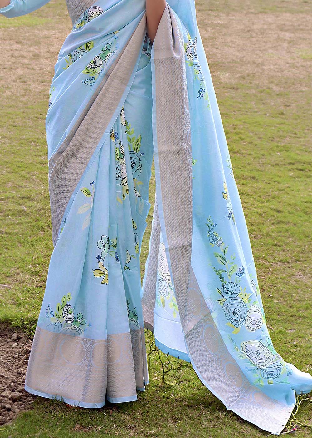 Buy MySilkLove Sail Blue Floral Printed Soft Silk Saree Online