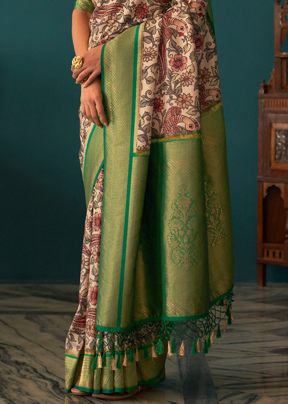 Buy MySilkLove Hippie Green and White Woven Banarasi Tussar Silk Kalamkari Saree Online