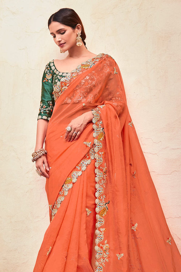 Buy MySilkLove Flamingo Orange and Green Organza Saree Online