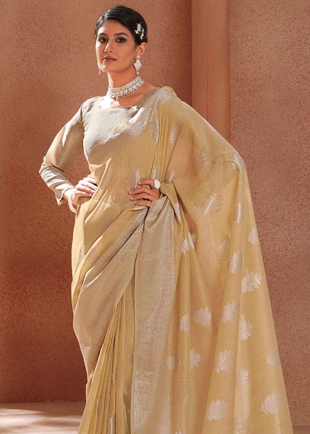 Buy MySilkLove Twine Cream Zari Woven Banarasi Linen Saree Online