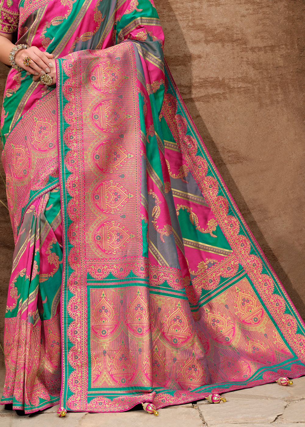 Buy MySilkLove Mandy Pink and Green Woven Designer Banarasi Silk Saree Online