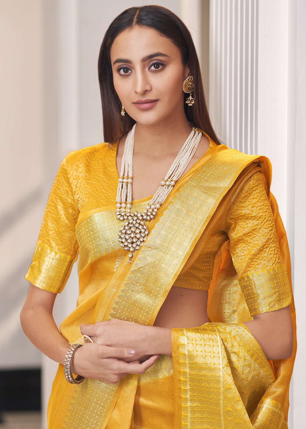 Buy MySilkLove Saffron Yellow Zari Woven Tissue Banarasi Silk Saree Online