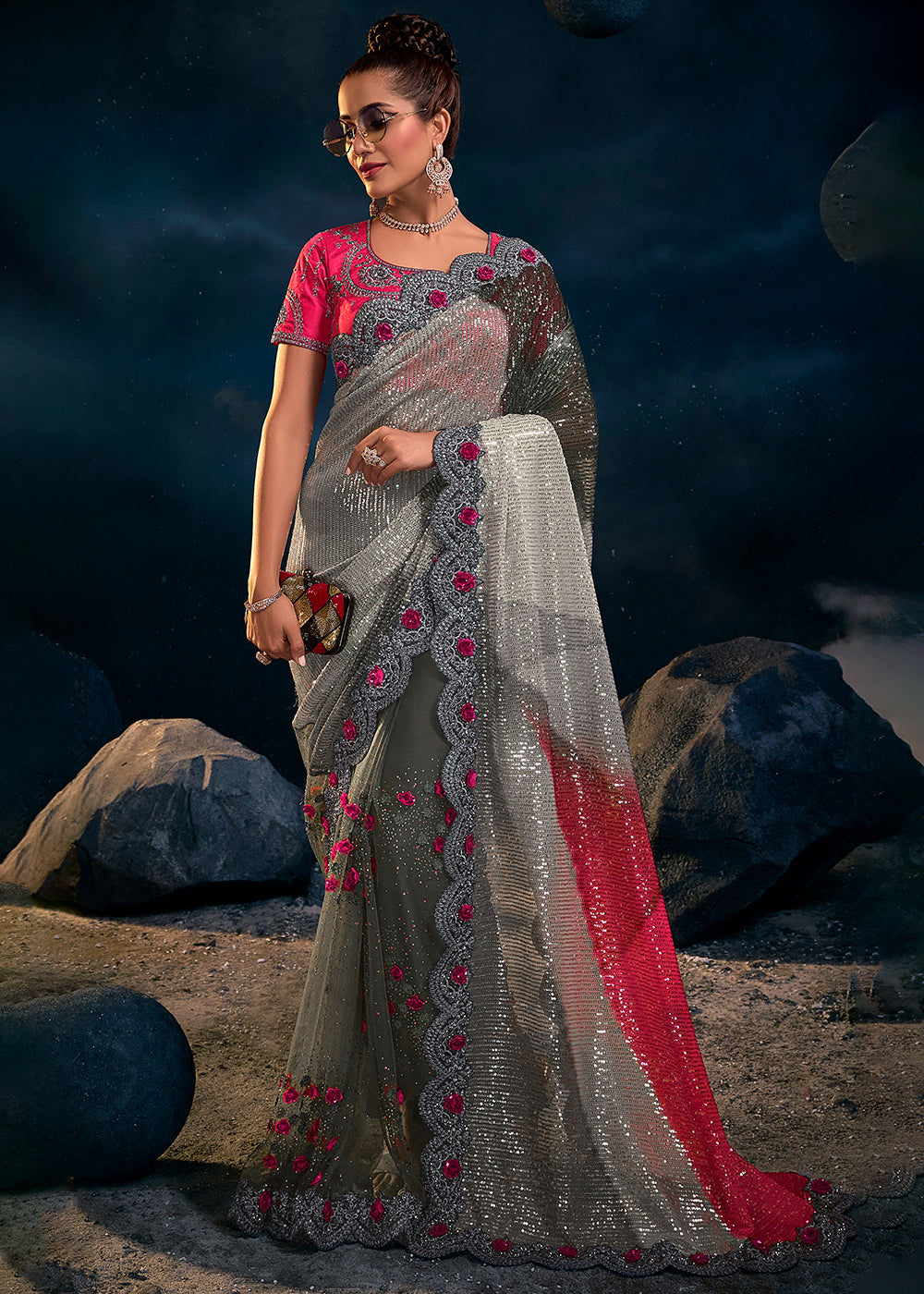 Buy MySilkLove Makara Grey and Pink Designer Silk Saree Online