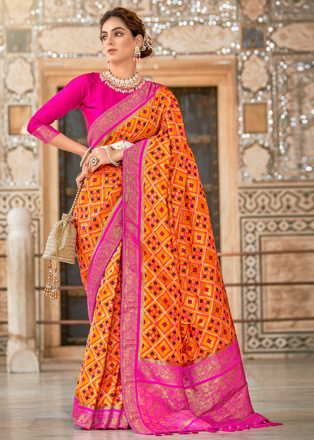 Buy MySilkLove Tango Orange and Pink Zari Woven Patola Saree Online