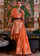 Coral Orange Woven Banarasi Organza Silk Saree