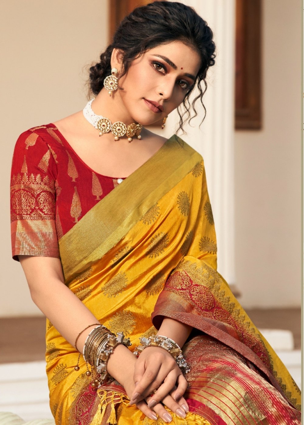 MySilkLove Mustard Yellow and Red Woven Banarasi Raw Silk Saree