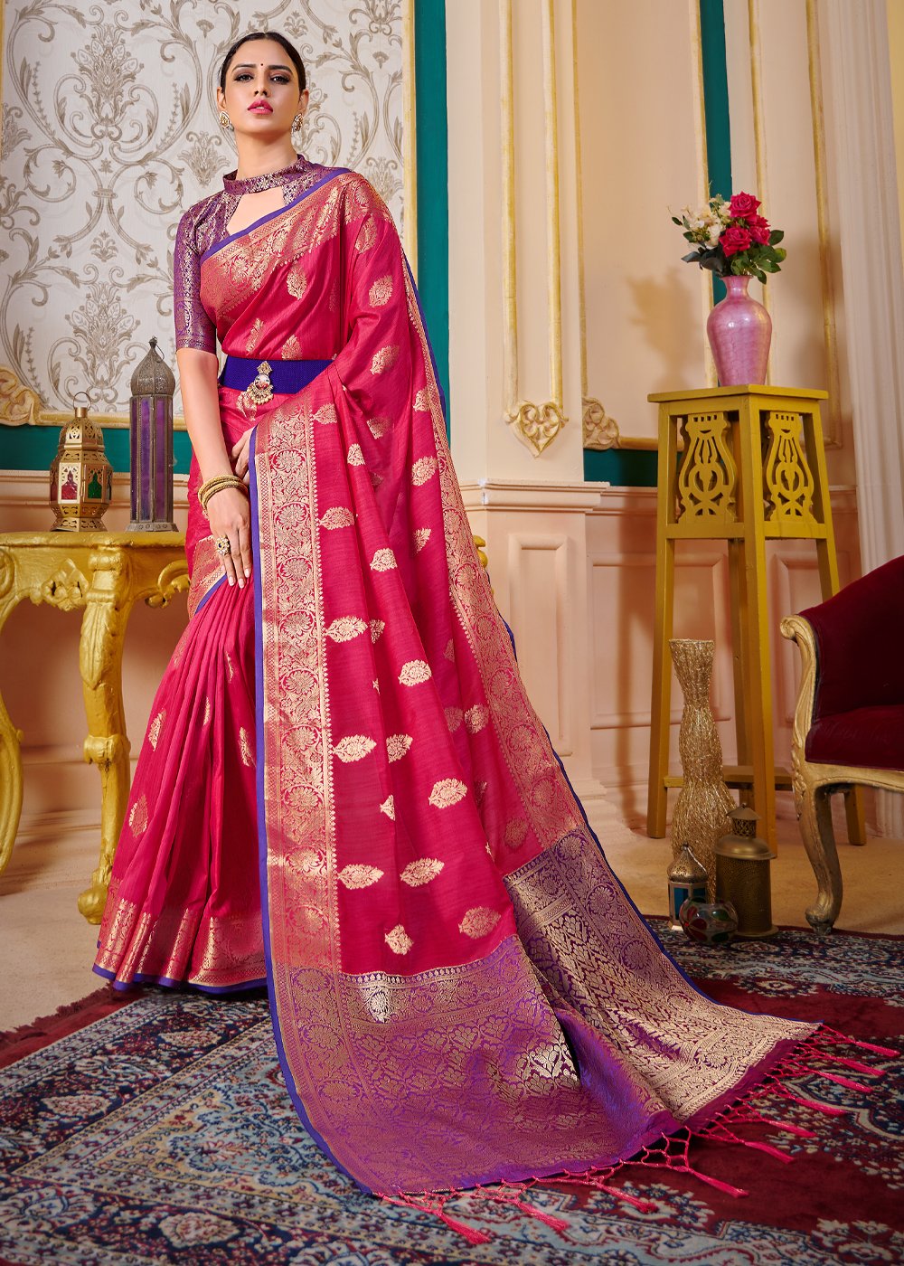 Buy MySilkLove Mandarin Pink Zari Woven Banarasi Saree Online