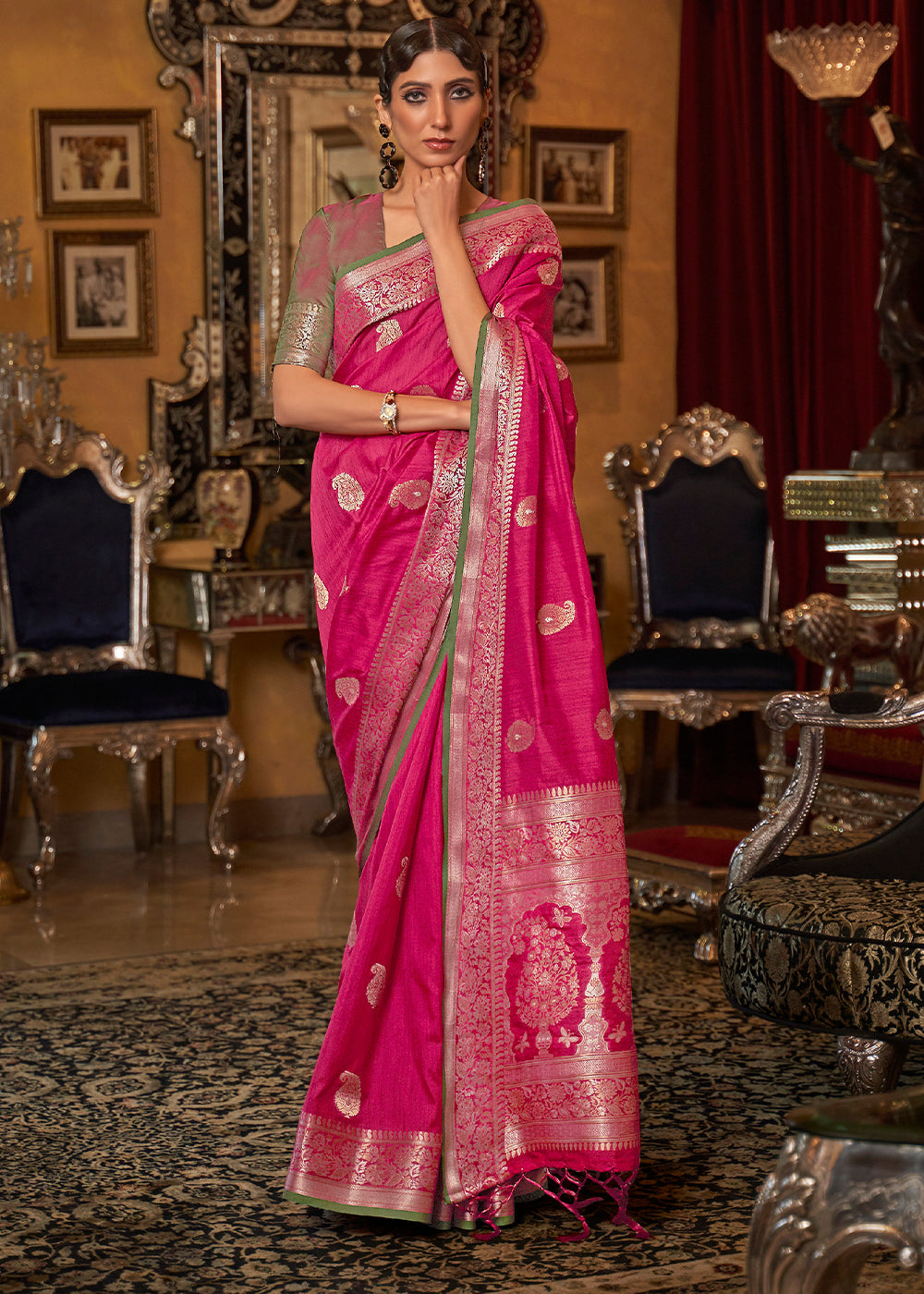 Buy MySilkLove Cabaret Pink Zari Woven Tussar Saree Online