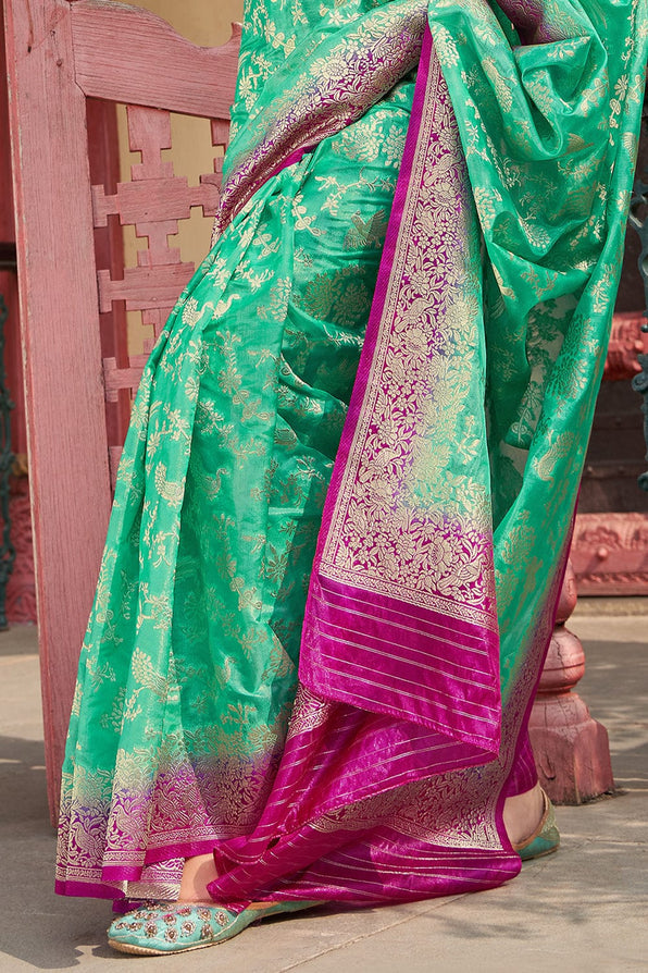 Buy MySilkLove Silver Tree Green and Pink Organza Saree Online