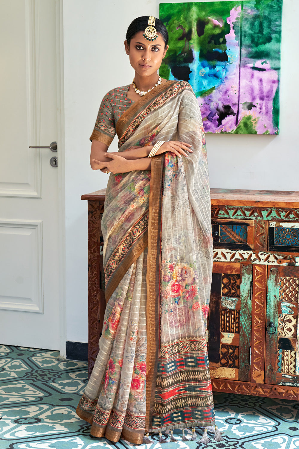 Buy MySilkLove Vanilla Grey Digital Floral Print Linen Saree Online