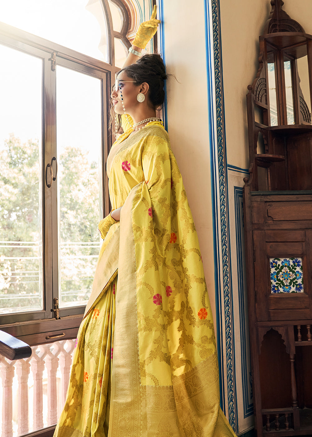 Buy MySilkLove Cream Yellow Zari Woven Dola Silk Saree Online