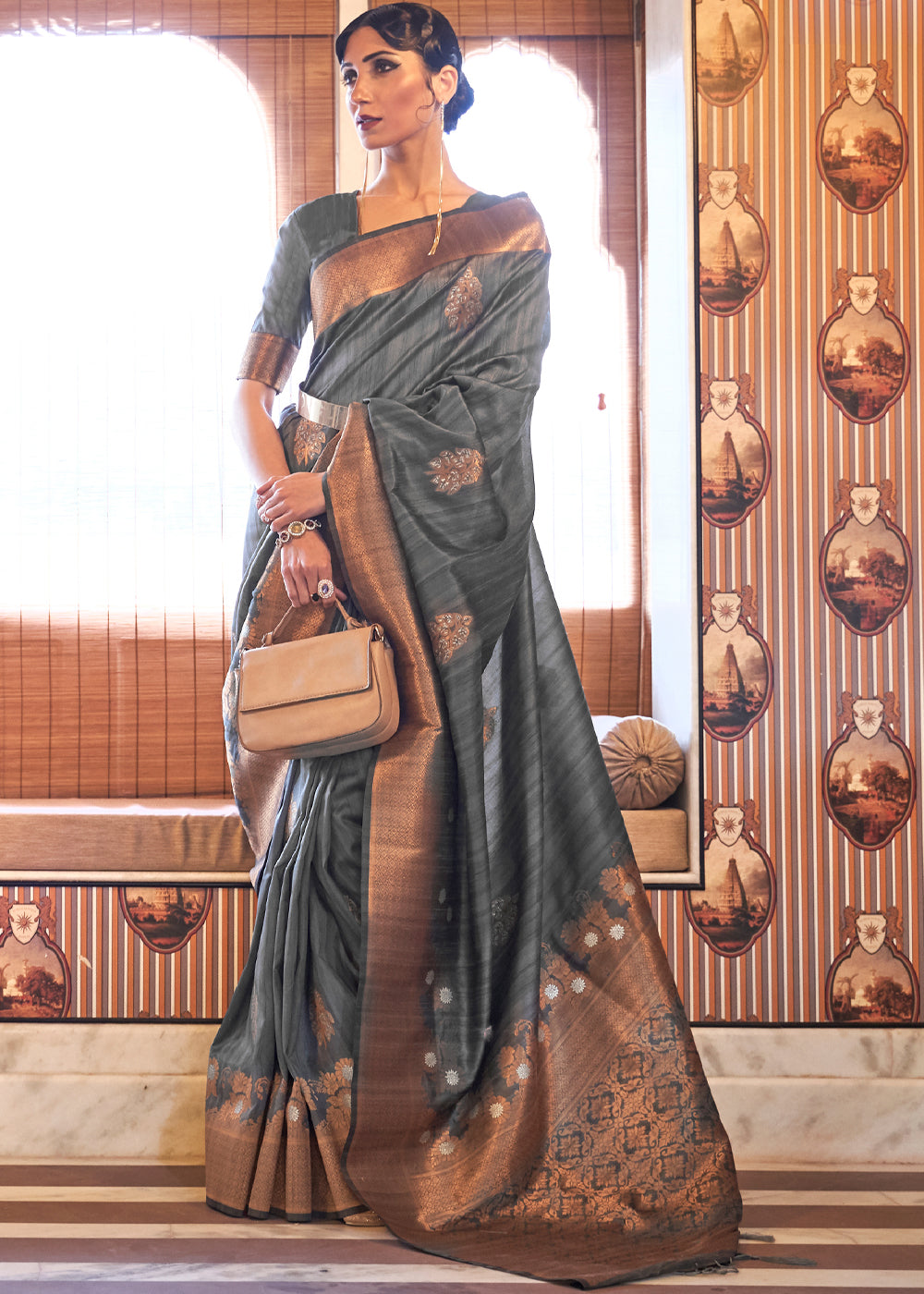 Buy MySilkLove Scorpion Grey Zari Woven Tussar Silk Saree Online